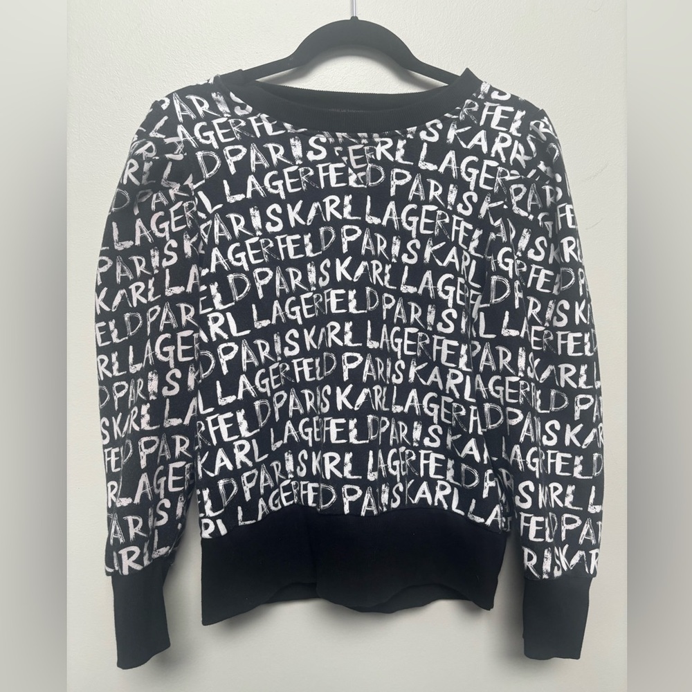 Women’s Karl Lagerfeld Paris black white puff sleeve graffiti designer top large